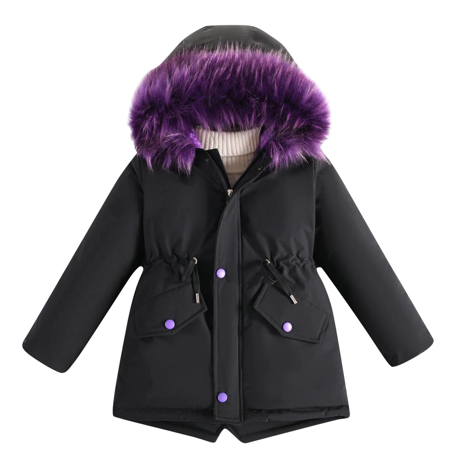 (4-10 Years Old) Girl Winter Thick Solid Color Cotton-Padded Jacket Hooded Long Cotton-Padded Jacket Winter Coat Cotton-Padded Long Sleeve Cotton-Padded Jacket Black 6 Years